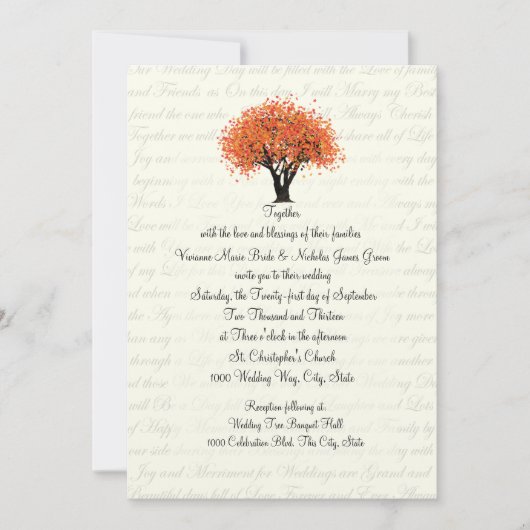Autumn Tree Dancing Blooms en Text Design Wedding Kaart (Voorkant)