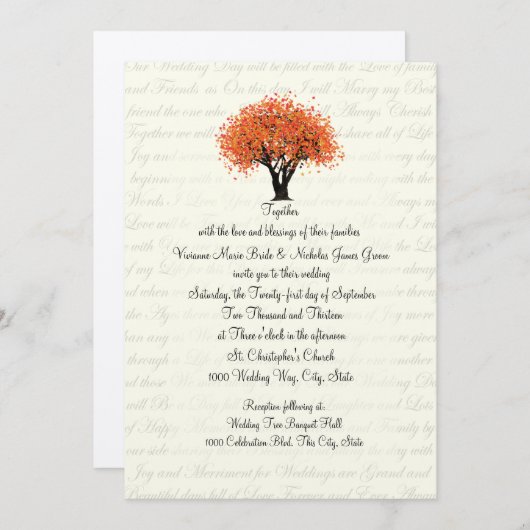 Autumn Tree Dancing Blooms en Text Design Wedding Kaart (Voorkant / Achterkant)