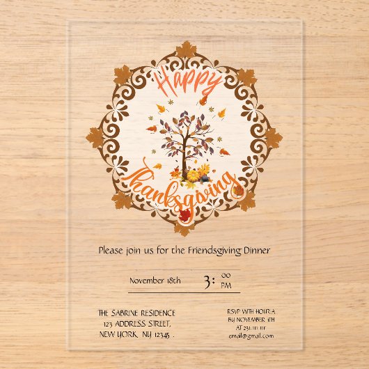 Autumn Tree Mandala Fall Foliage & Thanksgiving Acryl Uitnodigingen (Voorkant)