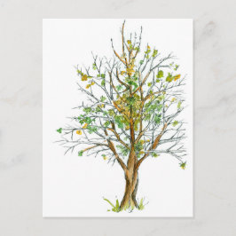 Autumn Tree Pen en Ink Tekening Waterverf Briefkaart
