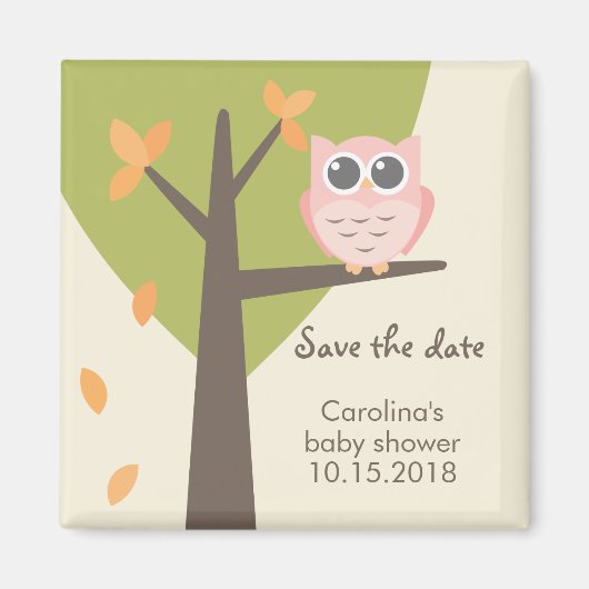 Autumn Tree Pink Owl Baby shower Sla de datum op Magneet (Voorkant)