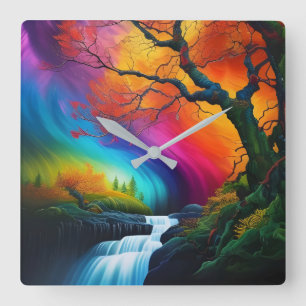 Autumn tree, regenboogwaterval vierkante klok