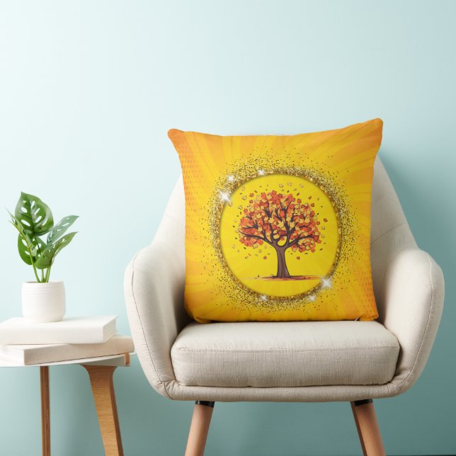 Autumn Tree Yellow Sunburst Sparkle Circle Art Kussen (Stoel)
