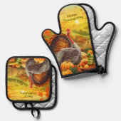 Autumn Turkey Pumpkins Thanksgiving Ovenwant & Pannenlap Set (Voorkant / Achterkant)