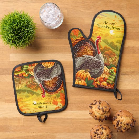 Autumn Turkey Pumpkins Thanksgiving Ovenwant & Pannenlap Set (Top down)