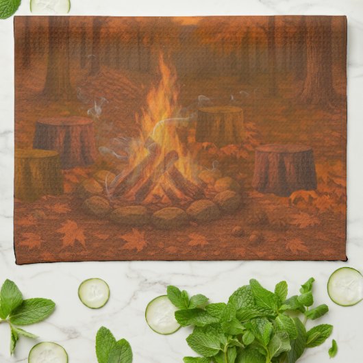 Autumn Twilight Bonfire Wide Border Kitchen Towels Theedoek (Gevouwen)