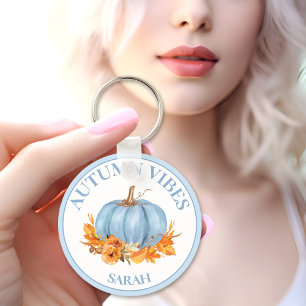 Autumn Vibes Blue Pumpkin Herfst Aangepaste naam Sleutelhanger