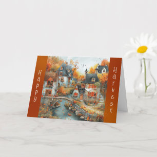 Autumn Village Bridge Illustration Thanksgiving Kaart