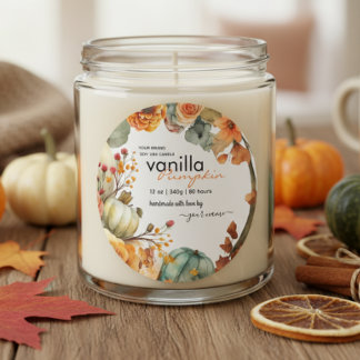 Autumn Watercolor Leaves Pumpkin Candle Jar Label