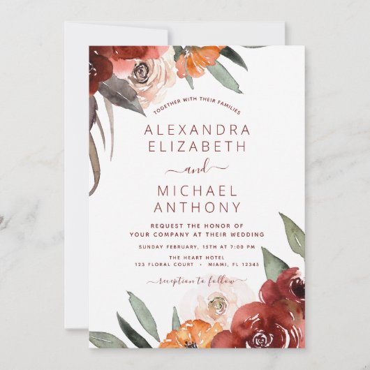 Autumn Wedding Burgundy Floral Kaart (Voorkant)