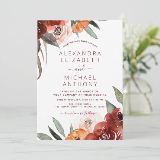 Autumn Wedding Burgundy Floral Kaart (Staand voorkant)
