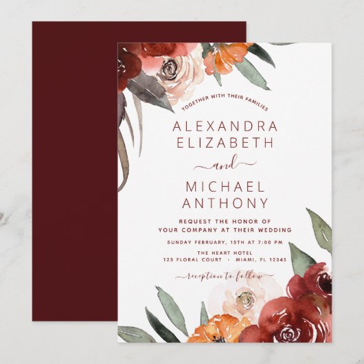 Autumn Wedding Burgundy Floral Kaart (Voorkant / Achterkant)