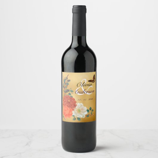 Autumn Wedding Floral Butterfly Beverage Label Set Wijn Etiket (Voorkant)