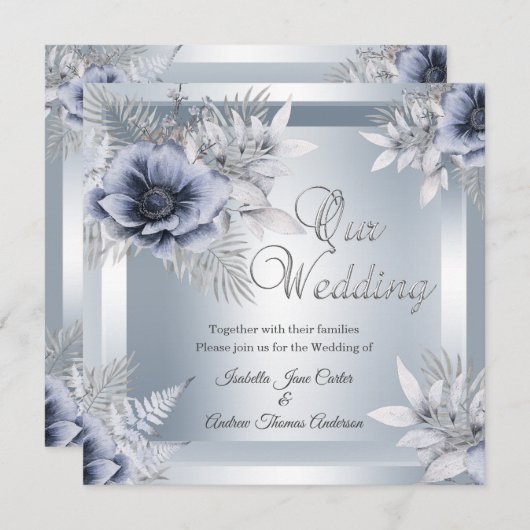 Autumn Wedding Silver Blue Floral Bouquet Kaart (Voorkant / Achterkant)