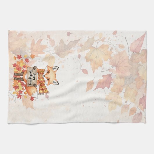 Autumn Whimsy – Thanksgiving Fox with Fall Leaves  Theedoek (Horizontaal)