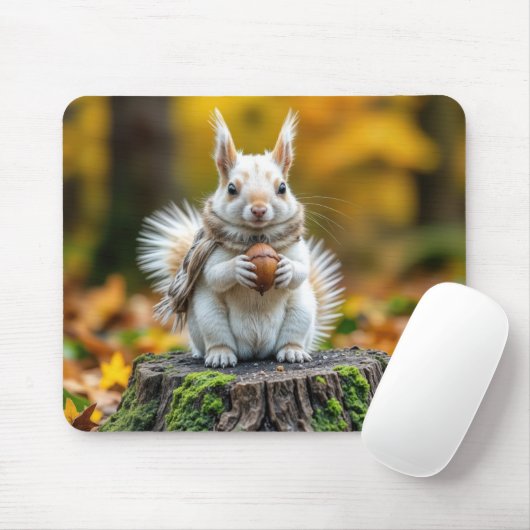 Autumn White Squirrel On a Tree Stump Muismat (Met muis)