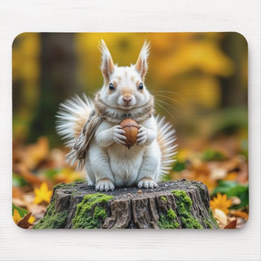 Autumn White Squirrel On a Tree Stump Muismat (Voorkant)