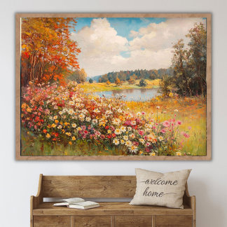 Autumn Wildflower Field Landscape Painting, Vintag Poster