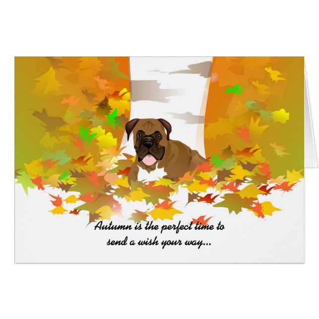 Autumn Wishes Card - Boxer Dog Autumn Leaves (Voorkant Horizontaal)