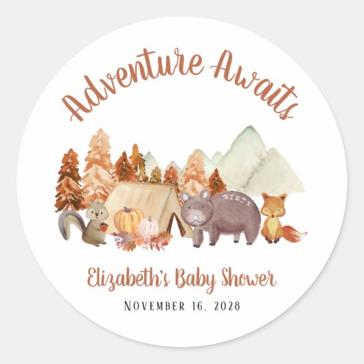 Autumn Woodland Animals Adventure Baby shower Ronde Sticker (Voorkant)