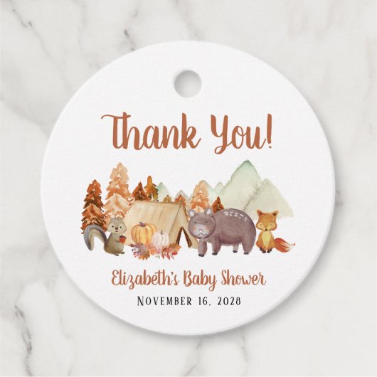 Autumn Woodland Animals Baby shower Dank u Bedankjes Labels (Voorkant)