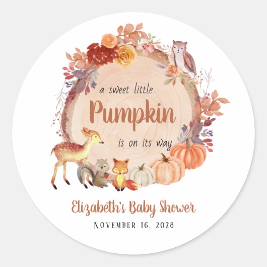 Autumn Woodland Animals Pompoen Baby shower Ronde Sticker (Voorkant)