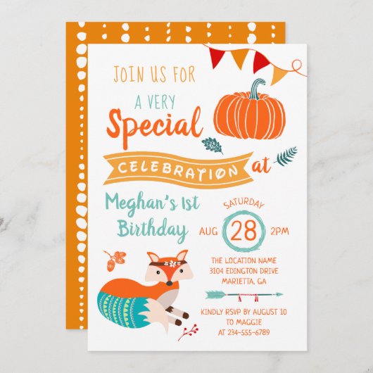 Autumn Woodland Fox Pumpkin Birthday Uitnodiging (Voorkant / Achterkant)