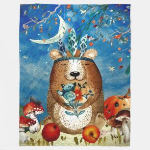 Autumn Woodland Friends Beer Forest Illustration Fleece Deken