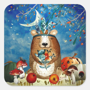 Autumn Woodland Friends Beer Forest Illustration Vierkante Sticker
