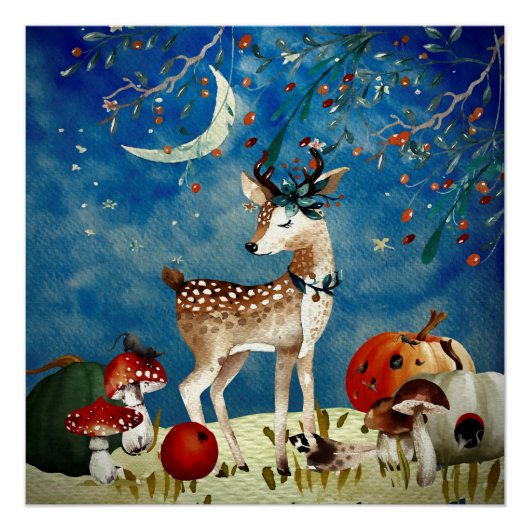 Autumn Woodland Friends Deer Forest Illustration Poster (Voorkant)