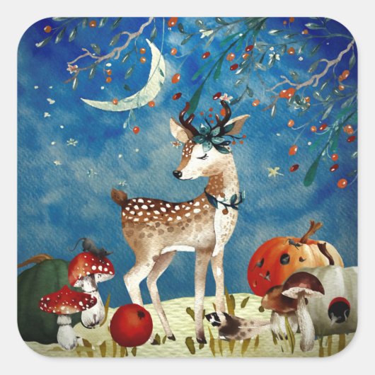 Autumn Woodland Friends Deer Forest Illustration Vierkante Sticker (Voorkant)