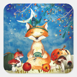 Autumn Woodland Friends Fox Forest Illustration Vierkante Sticker
