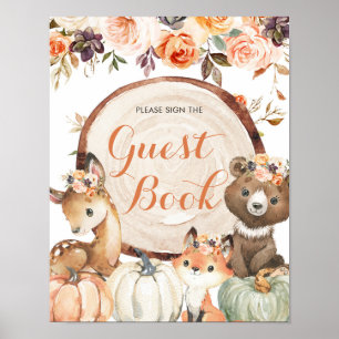 Autumn Woodland Girl Baby shower Guest Book Poster