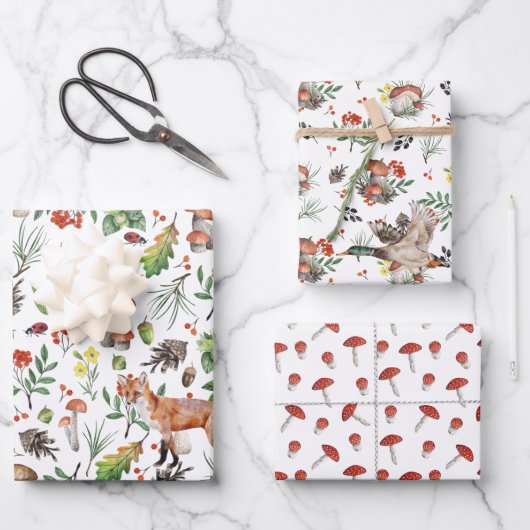 Autumn Woodland Wilderness Paddenstoelen | Drie pa Inpakpapier Vel (Voorkant)