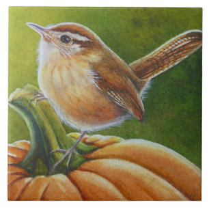 Autumn Wren Bird op Oranje pompoenWaterverf Art Tegeltje