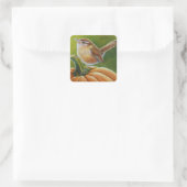 Autumn Wren Bird op Oranje pompoenWaterverf Art Vierkante Sticker (Tas)