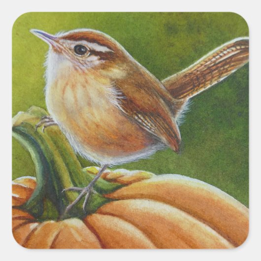 Autumn Wren Bird op Oranje pompoenWaterverf Art Vierkante Sticker (Voorkant)