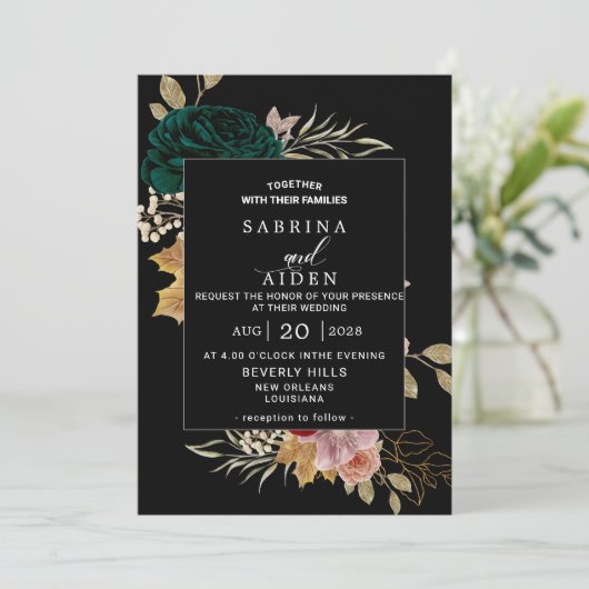 Autumnal Bourgondië Emerald Greeny Zwart Bruiloft Kaart (Staand voorkant)