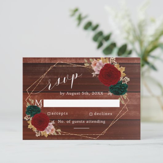 Autumnal Bourgondië Houten Smaragd Groene Bloem RSVP Kaartje (Staand voorkant)