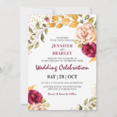 Autumnal Burgandy Floral & Gold Glitter Wedding Kaart (Voorkant)