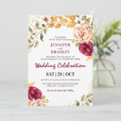 Autumnal Burgandy Floral & Gold Glitter Wedding Kaart (Staand voorkant)