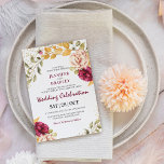 Autumnal Burgandy Floral & Gold Glitter Wedding Kaart<br><div class="desc">Een elegante trouwuitnodiging met verbluffende diepburgandy en pastelroze rozen met een herfstbladerblad op een klassieke witte kerkelijke achtergrond,  versierd met faux gold glitter confetti en een gemakkelijk aan te passen trouwende sjabloon.</div>
