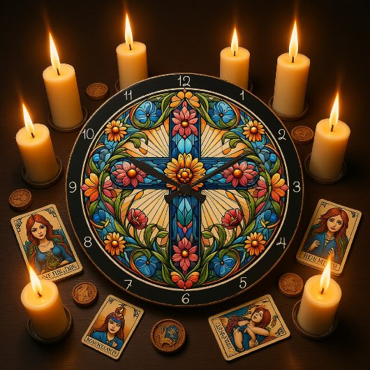 Autumnal Floral Stained Glass Cross  Grote Klok