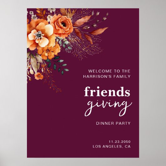 Autumnal flowers thanksgiving elegant burgundy poster (Voorkant)