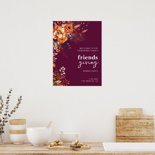 Autumnal flowers thanksgiving elegant burgundy poster (Keuken)