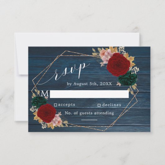 Autumnal Navy | Bourgondische smaragdgroene bloeme RSVP Kaartje (Voorkant)