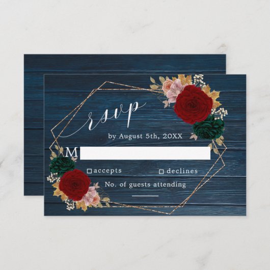 Autumnal Navy | Bourgondische smaragdgroene bloeme RSVP Kaartje (Voorkant / Achterkant)