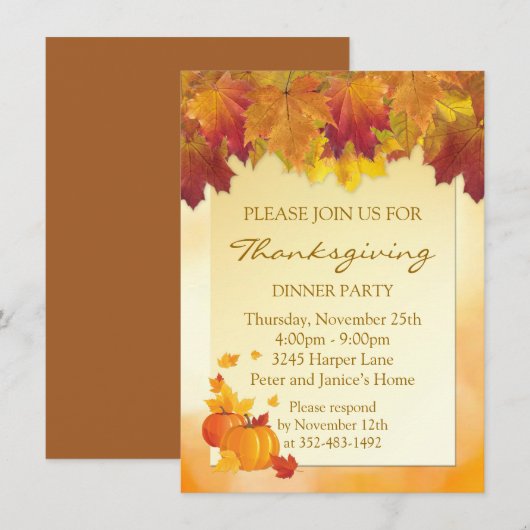 Autumnale bladeren, pompoenen Thanksgiving Party Kaart (Voorkant / Achterkant)