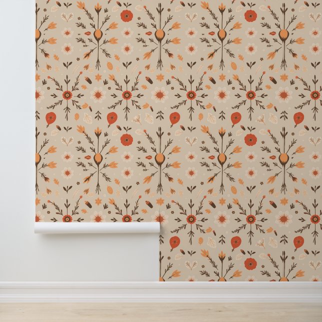 Autumn's Embrace: Rustic Floral Folk Pattern Behang (Applicatie)