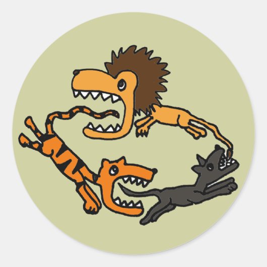 AV- Lion Chasing Tiger Chasing Dog Art Ronde Sticker (Voorkant)
